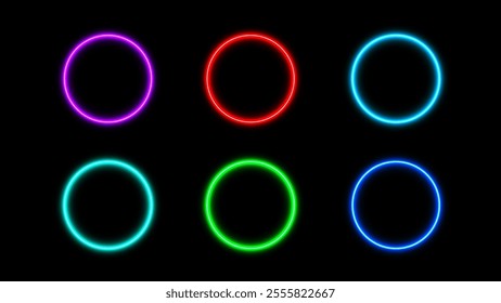 Glowing neon cirlce frames set. Bright illuminated ring isolated on a dark background. Vector illustration