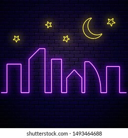 Glowing neon city banner with stars and moon on dark brick wall background. Town symbol poster in neon style with glowing skyscrapers silhouettes. Vector illustration.