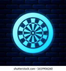 Glowing neon Classic darts board with twenty black and white sectors icon isolated on brick wall background. Dart board sign. Dartboard sign. Game concept.  Vector Illustration