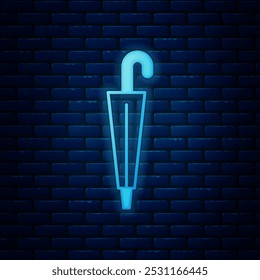 Glowing neon Classic elegant umbrella icon isolated on brick wall background. Rain protection symbol.  Vector