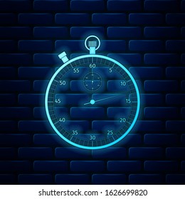 Glowing neon Classic stopwatch icon isolated on brick wall background. Timer icon. Chronometer sign.  Vector Illustration