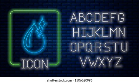 Glowing neon Clean water drop icon isolated on brick wall background. Neon light alphabet. Vector Illustration
