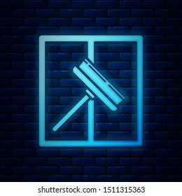 Glowing neon Cleaning service with of rubber cleaner for windows icon isolated on brick wall background. Squeegee, scraper, wiper.  Vector Illustration