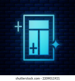 Glowing neon Cleaning service for window icon isolated on brick wall background. Squeegee, scraper, wiper.  Vector