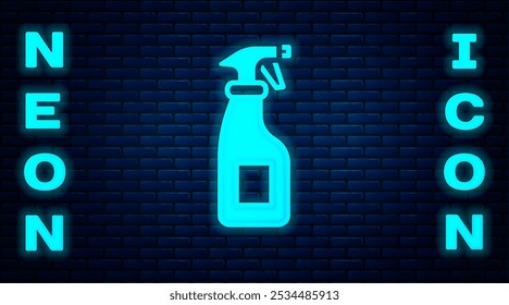 Glowing neon Cleaning spray bottle with detergent liquid icon isolated on brick wall background.  Vector