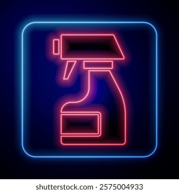 Glowing neon Cleaning spray bottle with detergent liquid icon isolated on blue background. Stain remover.  Vector