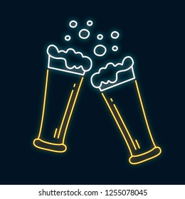 Glowing neon clinking beer glasses for lager. Toasting glasses. Led luminous sign for bar menu or signboard. Vector isolated illustration.