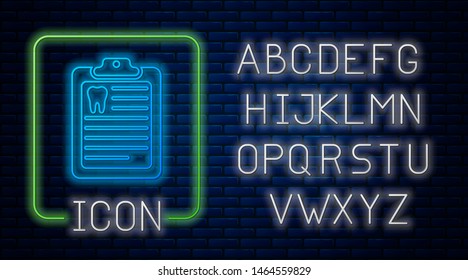 Glowing neon Clipboard with dental card or patient medical records icon isolated on brick wall background. Dental insurance. Dental clinic report. Neon light alphabet. Vector Illustration