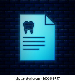 Glowing neon Clipboard with dental card or patient medical records icon isolated on brick wall background. Dental insurance. Dental clinic report.  Vector Illustration