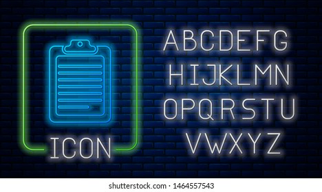 Glowing neon Clipboard with document icon isolated on brick wall background. Neon light alphabet. Vector Illustration