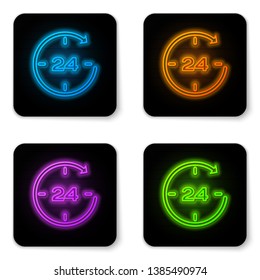 Glowing neon Clock 24 hours icon isolated on white background. All day cyclic icon. 24 hours service symbol. Black square button. Vector Illustration