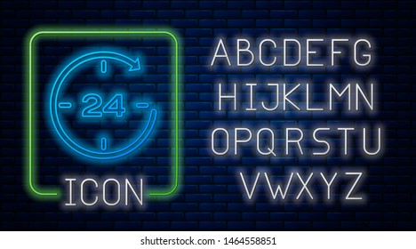 Glowing neon Clock 24 hours icon isolated on brick wall background. All day cyclic icon. 24 hours service symbol. Neon light alphabet. Vector Illustration