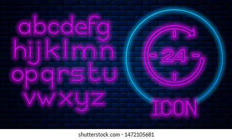 Glowing neon Clock 24 hours icon isolated on brick wall background. All day cyclic icon. 24 hours service symbol. Neon light alphabet. Vector Illustration