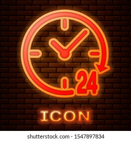 Glowing neon Clock 24 hours icon isolated on brick wall background. All day cyclic icon. 24 hours service symbol.  Vector Illustration