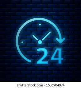 Glowing neon Clock 24 hours icon isolated on brick wall background. All day cyclic icon. 24 hours service symbol.  Vector Illustration