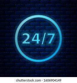 Glowing neon Clock 24 hours icon isolated on brick wall background. All day cyclic icon. 24 hours service symbol.  Vector Illustration