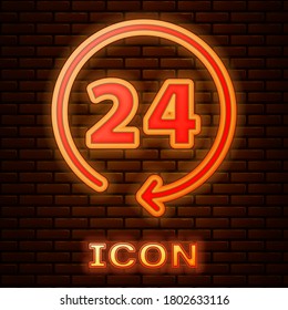 Glowing neon Clock 24 hours icon isolated on brick wall background. All day cyclic icon. 24 hours service symbol. Vector.