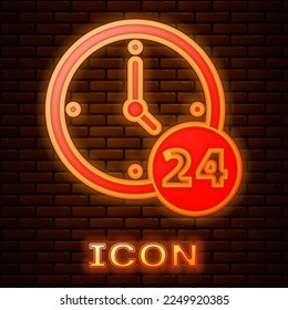 Glowing neon Clock 24 hours icon isolated on brick wall background. All day cyclic icon. 24 hours service symbol.  Vector