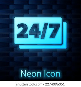 Glowing neon Clock 24 hours icon isolated on brick wall background. All day cyclic icon. 24 hours service symbol.  Vector