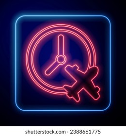 Glowing neon Clock with airplane icon isolated on black background. Designation of time before departure, check-in for flight and arrival time symbol.  Vector