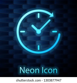 Glowing neon Clock with arrow icon isolated on brick wall background. Time symbol. Clockwise rotation icon arrow and time. Vector Illustration