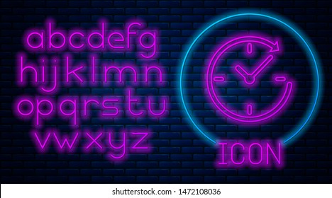 Glowing neon Clock with arrow icon isolated on brick wall background. Time symbol. Clockwise rotation icon arrow and time. Neon light alphabet. Vector Illustration