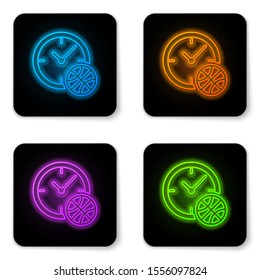 Glowing neon Clock with basketball ball inside icon isolated on white background. Basketball time. Sport and training. Black square button. Vector Illustration