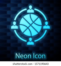 Glowing neon Clock with basketball ball inside icon isolated on brick wall background. Basketball time. Sport and training.  Vector Illustration