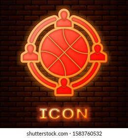 Glowing neon Clock with basketball ball inside icon isolated on brick wall background. Basketball time. Sport and training.  Vector Illustration