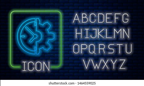 Glowing neon Clock and gear icon isolated on brick wall background. Time Management symbol. Business concept. Neon light alphabet. Vector Illustration