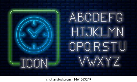 Glowing neon Clock icon isolated on brick wall background. Neon light alphabet. Vector Illustration