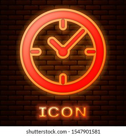 Glowing neon Clock icon isolated on brick wall background.  Vector Illustration