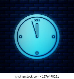 Glowing neon Clock icon isolated on brick wall background. Time symbol. Merry Christmas and Happy New Year.  Vector Illustration