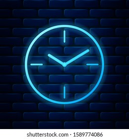Glowing neon Clock icon isolated on brick wall background. Time symbol.  Vector Illustration