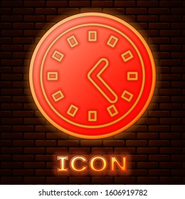 Glowing neon Clock icon isolated on brick wall background. Time symbol.  Vector Illustration