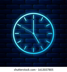 Glowing neon Clock icon isolated on brick wall background. Time symbol.  Vector Illustration