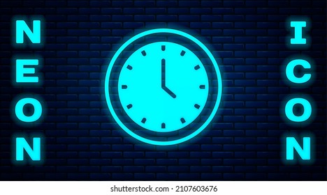 Glühende Neon-Uhr-Symbol einzeln auf Backsteinmauern-Hintergrund. Zeitsymbol.  Vektorgrafik