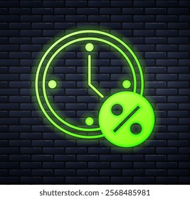 Glowing neon Clock and percent discount icon isolated on brick wall background.  Vector