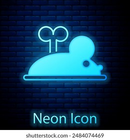 Glowing neon Clockwork mouse icon isolated on brick wall background. Wind up mouse toy.  Vector