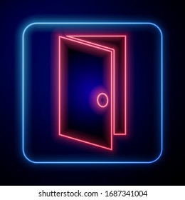 Glowing neon Closed door icon isolated on blue background.  Vector Illustration