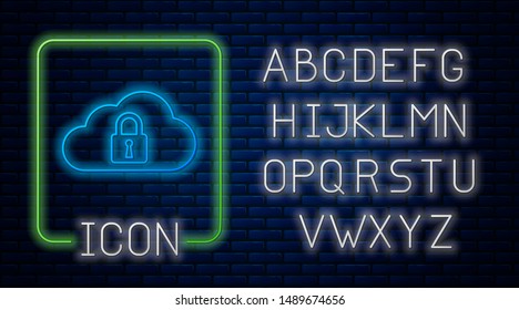 Glowing neon Cloud computing lock icon isolated on brick wall background. Security, safety, protection concept. Neon light alphabet. Vector Illustration