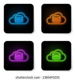 Glowing neon Cloud database icon isolated on white background. Cloud computing concept. Digital service or app with data transferring. Black square button. Vector Illustration