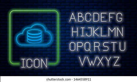 Glowing neon Cloud database icon isolated on brick wall background. Cloud computing concept. Digital service or app with data transferring. Neon light alphabet. Vector Illustration
