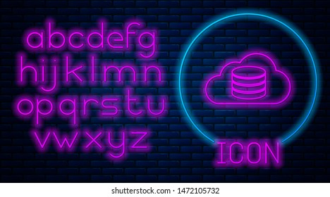 Glowing neon Cloud database icon isolated on brick wall background. Cloud computing concept. Digital service or app with data transferring. Neon light alphabet. Vector Illustration