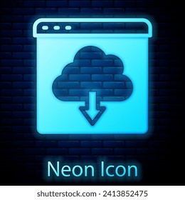 Glowing neon Cloud download icon isolated on brick wall background.  Vector