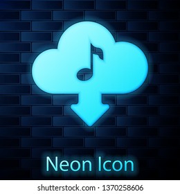 Glowing neon Cloud download music icon isolated on brick wall background. Music streaming service, sound cloud computing, online media streaming, audio wave. Vector Illustration