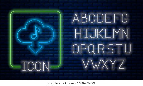 Glowing neon Cloud download music icon isolated on brick wall background. Music streaming service, sound cloud computing, online media streaming, audio wave. Neon light alphabet. Vector Illustration