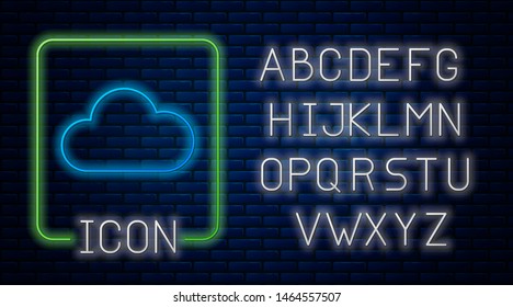 Glowing neon Cloud icon isolated on brick wall background. Neon light alphabet. Vector Illustration