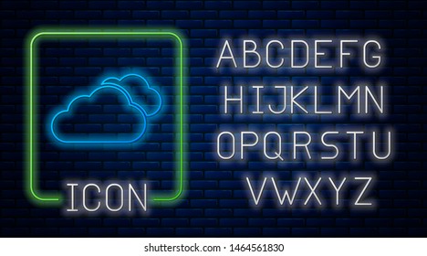 Glowing neon Cloud icon isolated on brick wall background. Neon light alphabet. Vector Illustration