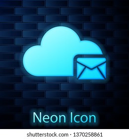 Glowing neon Cloud mail server icon isolated on brick wall background. Cloud server hosting for email. Online message service. Mailbox sign. Vector Illustration